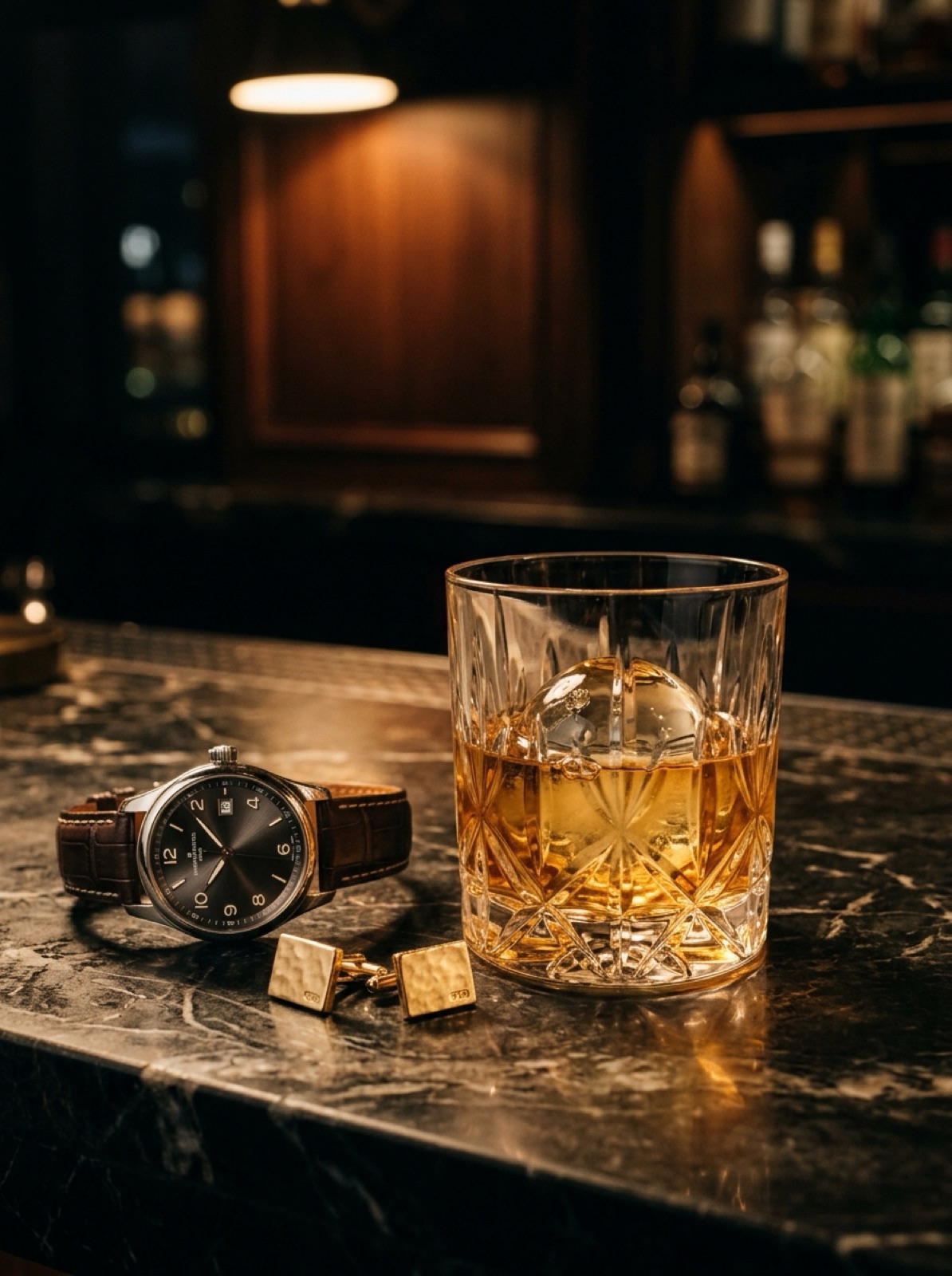 Wristwatch, cufflinks and a crystal glass with an amber drink on dark marble