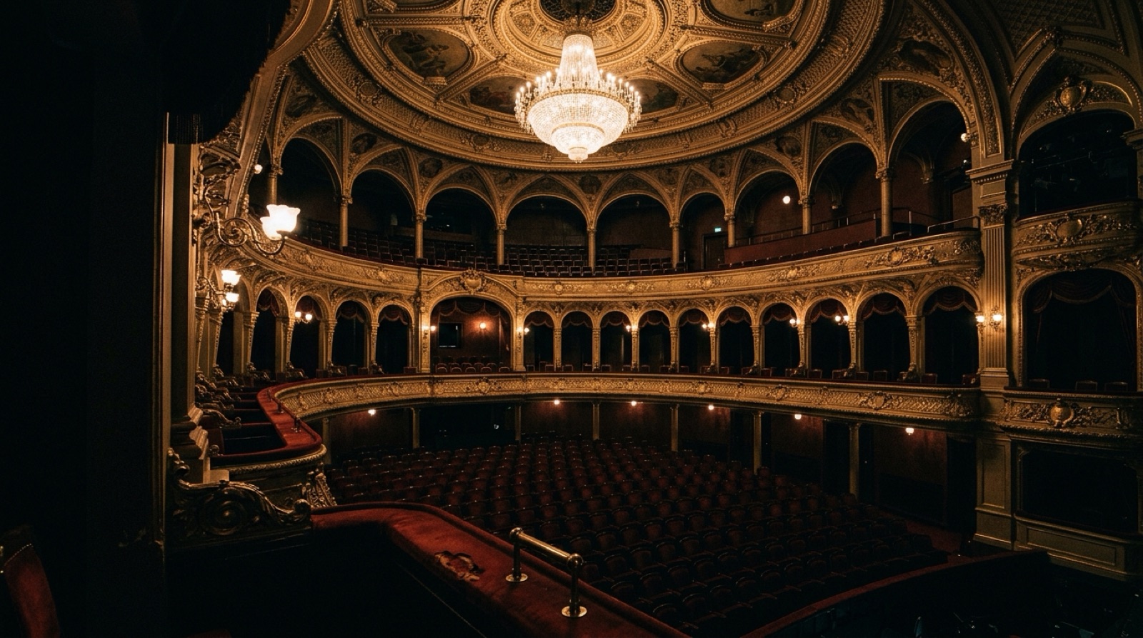 Ornate opera house auditorium with red velvet seats and gilded balconies