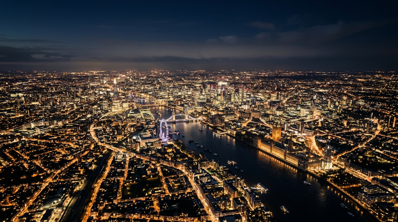 Glittering skyline of a world metropolis at night, seen from above