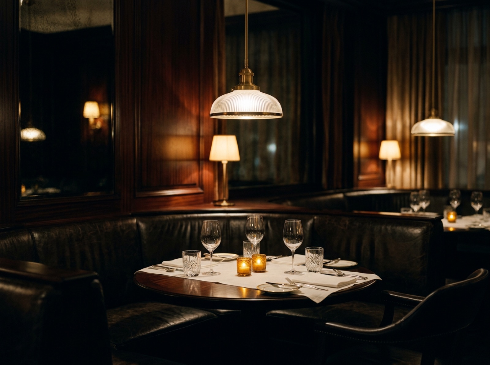 Dimly lit fine-dining room with warm pendant lights