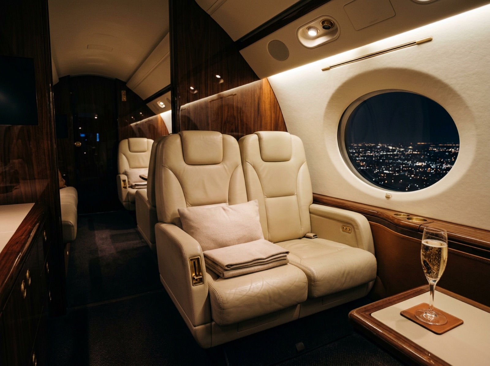 Cabin of a private jet at night with cream leather seats